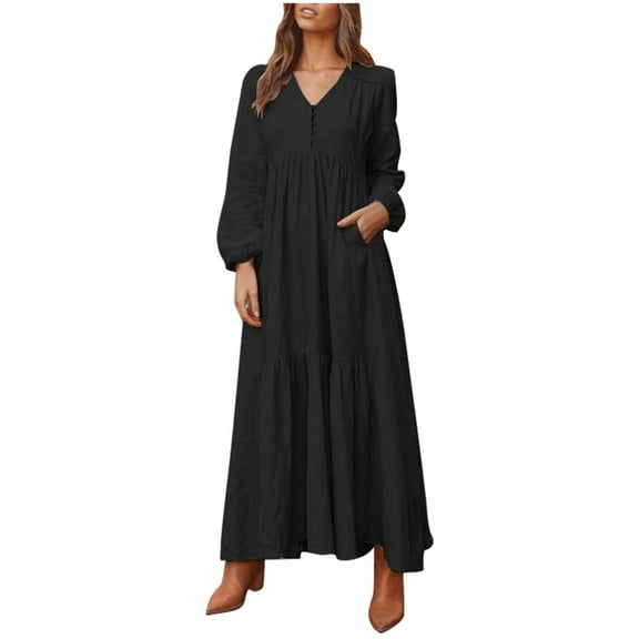 Riforla Women's Cotton Linen Vintage Casual Long Sleeve Maxi Dress with Flared Skirt Color Options Womens Jumpsuit Black XXXL
