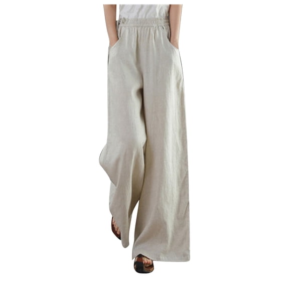 Ediodpoh Womens Pants Linen Wide Leg Pants High Waist Drawstring Casual Trousers with Pockets for Summer Beige M