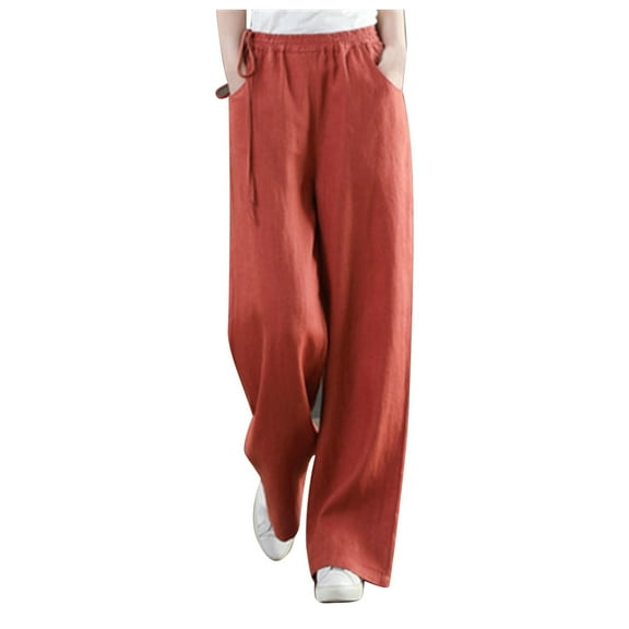 Ediodpoh Womens Pants Linen Wide Leg Pants High Waist Drawstring Casual Trousers with Pockets for Summer Red M
