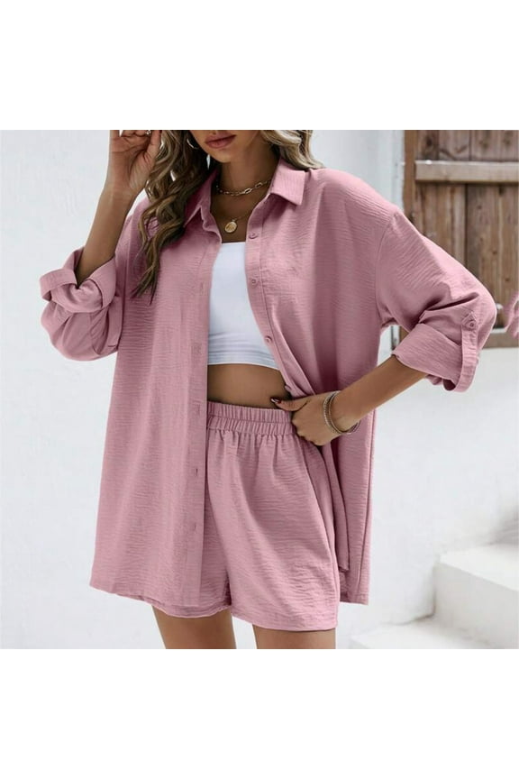 Riforla Women's Cotton Set Casual Tracksuit Button Down Short Sleeve Shirt Drawstring Shorts Pockets 2 Piece Set Two Piece Sets for Women Red M