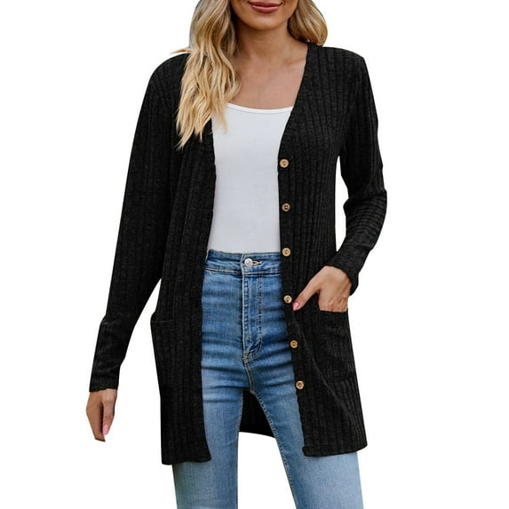 Ediodpoh Women's Cozy Textured Solid Color Long Sleeve Cardigan Sweater Soft Womens Cardigan Black S