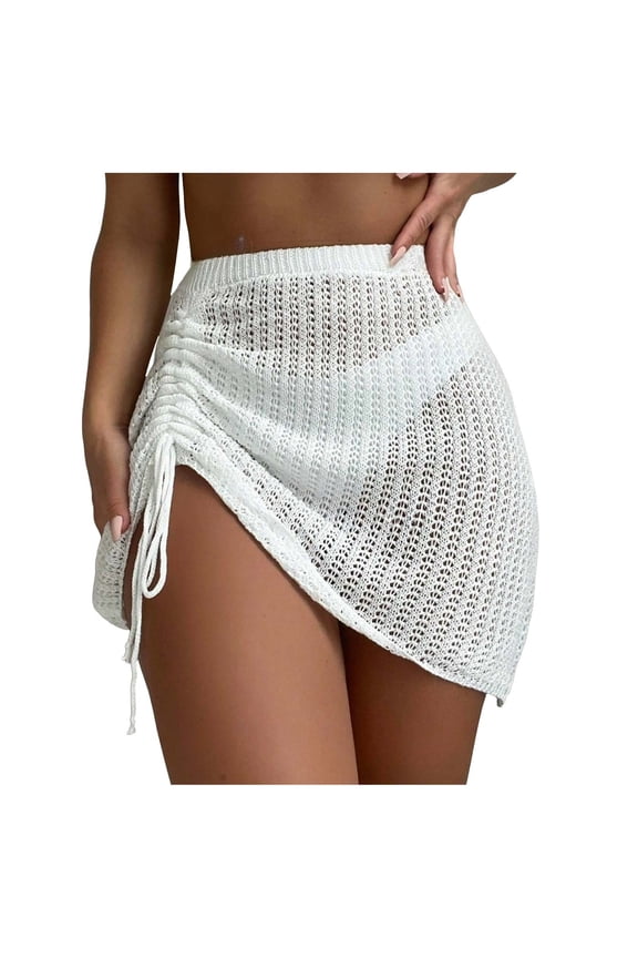 Riforla Women's Crocheted Smock Skirt Holiday Style Skirt Hollowed Out Pull String Sexy See Through Beach Skirt Skirts for Women White M