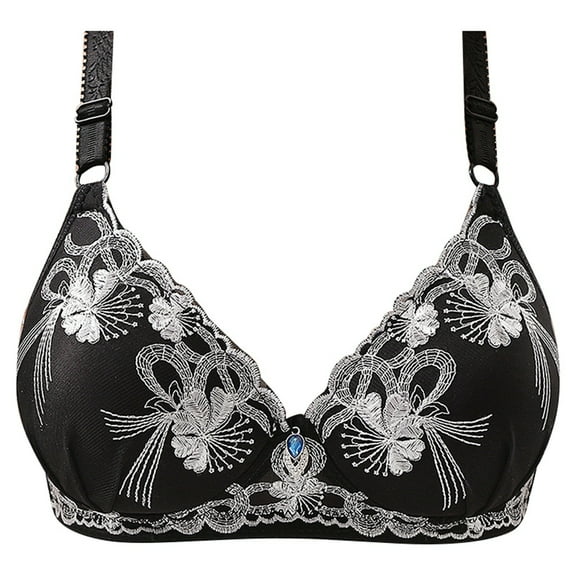 Riforla Women's Diamond Embroidered Floral Plus Size Push up Side Nipple Adjuster Bra Cover Without Underwire Bras for Women Black 38