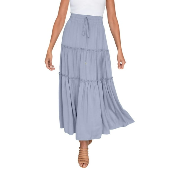 Riforla Skirts for Women Elastic High Waist Boho Maxi Skirt Ruffle A Line Swing Long Skirts for Summer Casual and Flowy Maxi Skirts for Women Sky Blue_002 L