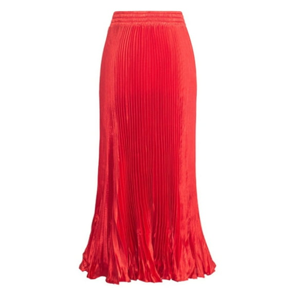 Riforla Satin Maxi Skirt Womens Elastic Waist Metallic Pleated Long Swing Skirt Womens Skirts Red One Size