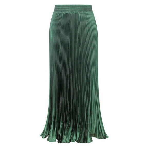 Riforla Women's Elastic Waist Satin Metallic Pleated Long Swing Skirt Womens Skirts Green One Size