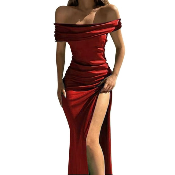 Riforla Women's Elegant Sleeveless Off Shoulder High Split Long Formal Party Dress Evening Gown Dresses for Women Red L
