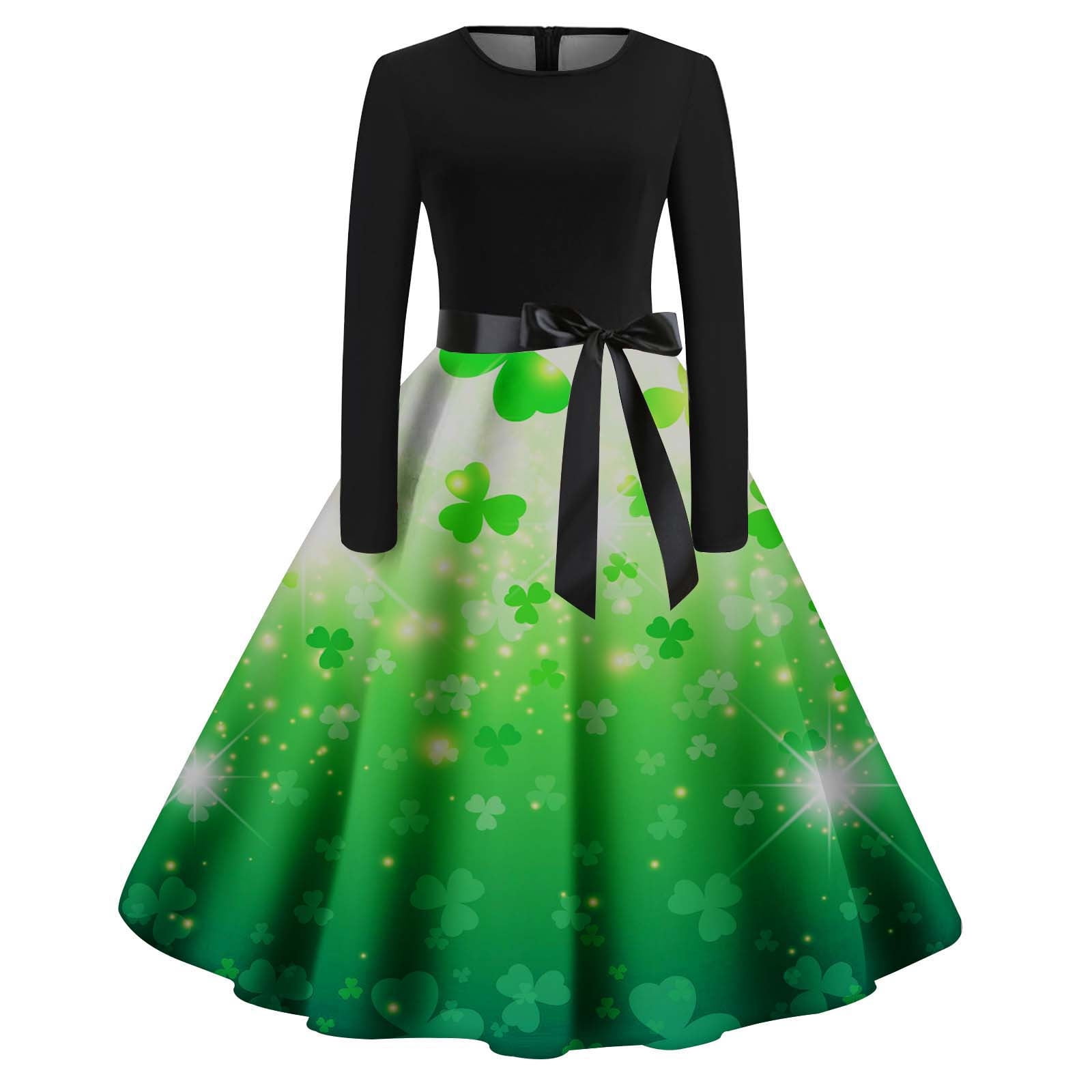 Riforla Women's Fashion Casual Four Leaf Print Round Neck Big Skirt