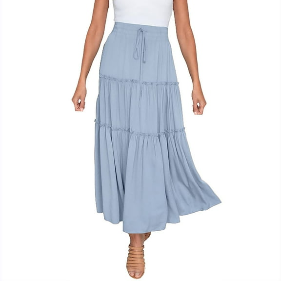 Riforla Women's Fashion Casual High Waisted MIDI Boho Style Pleated Skirt Womens Skirts Blue M