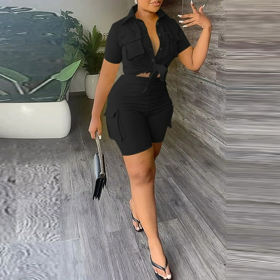 Riforla Women's Fashion Casual Style Shirt Tie up Short Sleeved Shorts Solid Color Two Piece Set Short Sets for Women Black L