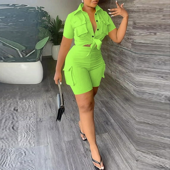 Riforla Women's Fashion Casual Style Shirt Tie up Short Sleeved Shorts Solid Color Two Piece Set Short Sets for Women Green S