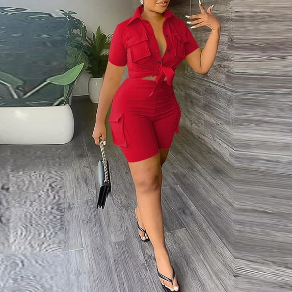 Riforla Women's Fashion Casual Style Shirt Tie up Short Sleeved Shorts Solid Color Two Piece Set Short Sets for Women Red XXL