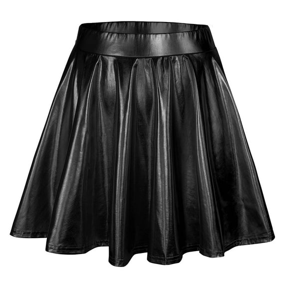 Ediodpoh Carnival Skirts for Women Fashion High Waist Pleated Solid Color Metallic Sparkly Flared A Line Mini Skirt for Stage Mini Skirts Black S