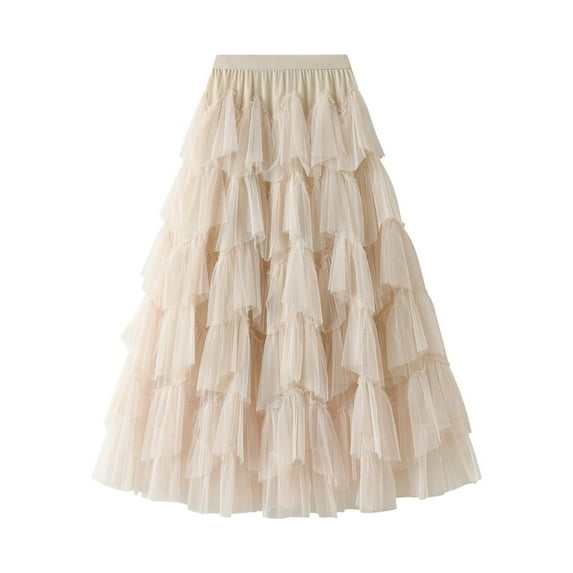 Ediodpoh Women's Skirts Fashion A Line Pleated Long Tutu Skirt Ruffle Mesh Calf Length Chiffon High Waist Ballet Skirt Beige One Size