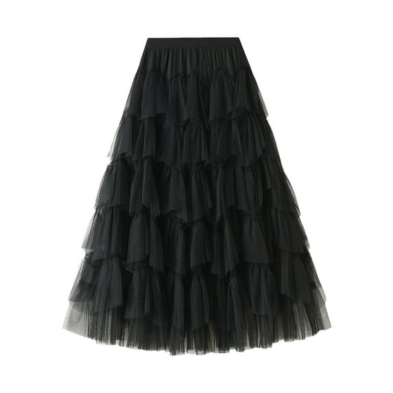 Ediodpoh Women's Skirts Fashion A Line Pleated Long Tutu Skirt Ruffle Mesh Calf Length Chiffon High Waist Ballet Skirt Black One Size