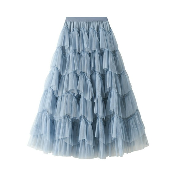 Ediodpoh Women's Skirts Fashion A Line Pleated Long Tutu Skirt Ruffle Mesh Calf Length Chiffon High Waist Ballet Skirt Blue One Size