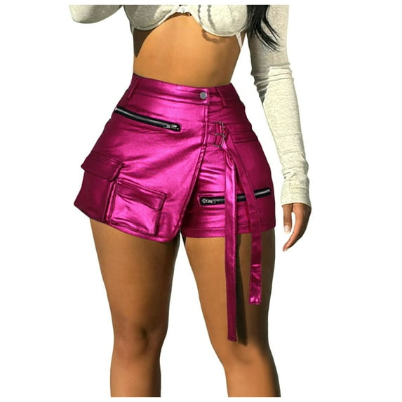 Riforla Women's Fashion Sexy Solid Color Shorts Patchwork Zipper Package Short Leather Shorts for Women Hot Pink XXL