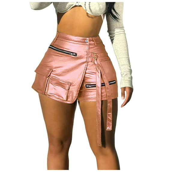 Riforla Women's Fashion Sexy Solid Color Shorts Patchwork Zipper Package Short Leather Shorts for Women Rose Gold M