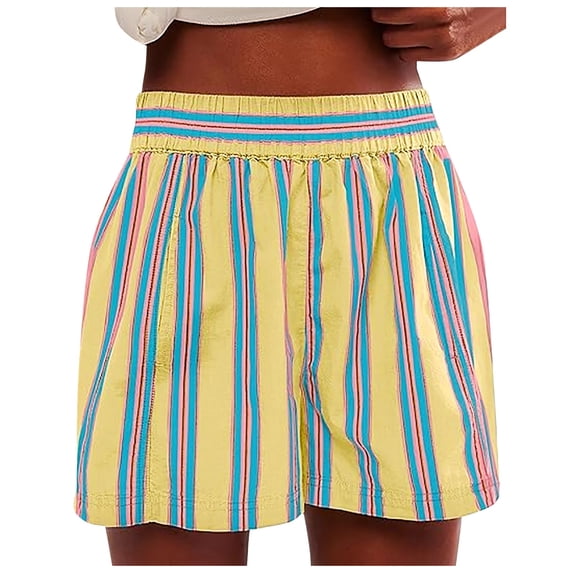 Riforla Women's Fashion Striped Casual Elastic Waist Pocket Shorts for Women Yellow M