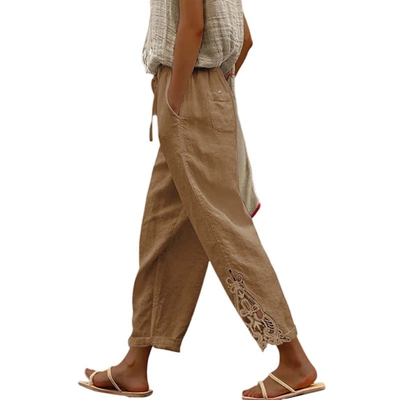 Ediodpoh Corduroy Pants Women Fashionable Solid Color Lace Spliced High Waist Drawstring Pocket Pants Khaki XXL