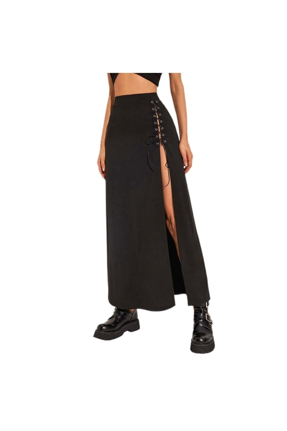 Women's Gothic Asymmetric Slit Midi Skirt with Lace up Eyelet Detail | Seductive & Edgy Style Womens Skirts Black L