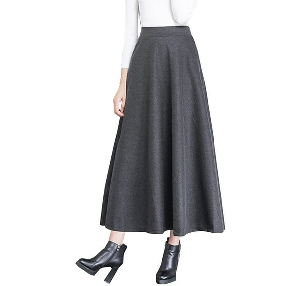 Riforla Skirts for Women High Elastic Waist Wool Maxi Skirt A Line Plaid Winter Warm Flare Long Skirt for Women Maxi Skirts Grey S