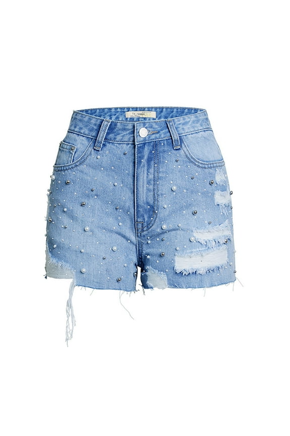 Riforla Women's High Waisted Jeans Solid Color Pearl Studded Bead Hot Drill Shorts for Women Light Blue S