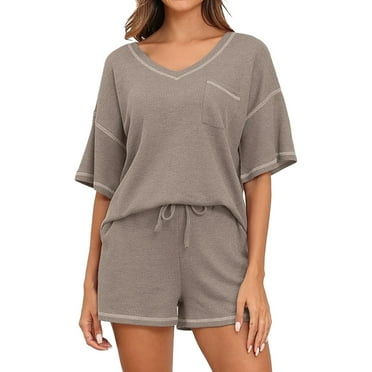 Riforla Women's Knit Pajamas Set Short Sleeve Top and Shorts Matching Set Sweatsuit with Pockets Matching Sets Women Clothing Khaki XXL
