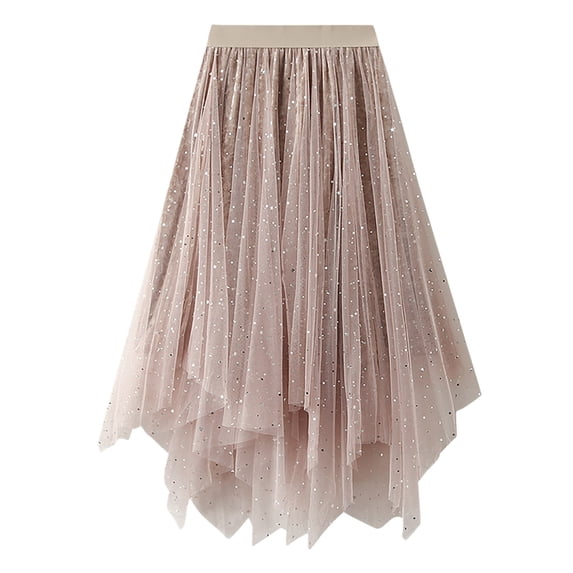 Ediodpoh Womens Skirts Puffy Starry Mesh Skirt Irregular Velvet Midi Skirt A-Line High Waist for Casual Wear Womens Skirts Midi Length Beige_001 One Size
