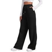 EDIODPOH Riforla Women’s Lined Sweatpants Wide Straight Leg Pants Bottom Sweatpants Joggers Pants Workout High Waisted Yoga Pants with Pockets Black S