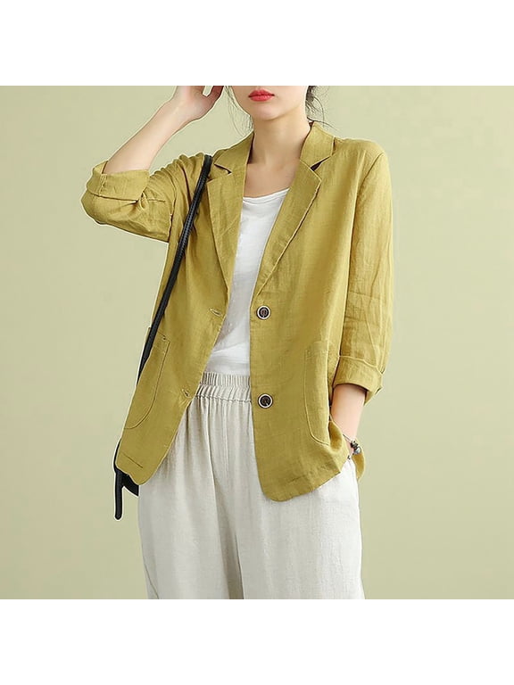 Women's Linen Blouse Casual Long Sleeve Jacket Blazers for Women Yellow XXL