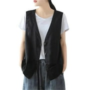 Riforla Women's Linen Vest Casual Sleeveless Cardigans Jacket Loose and Thin Casual Vest Top Women's Outerwear Vests Black L