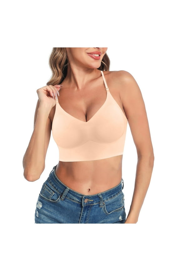 Women's Low Back Bra Wire U Shaped Backless Bra Convertible Spaghetti Strap Seamless Sleeping Bralette Women Bras Beige L