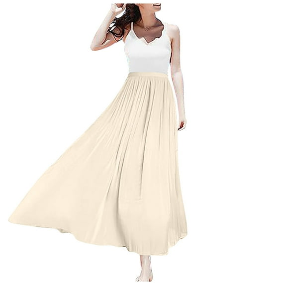 Riforla Women's Metallic Shiny Maxi Skirts Lightweight Silky Flowy Skirt for Summer Beach Holiday Skirts for Women Beige L