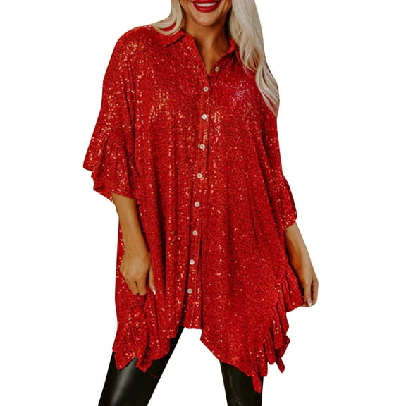 Riforla Women's Mid Sleeved Sequin Shirt Party Loose Casual Top Womens Tops Red L
