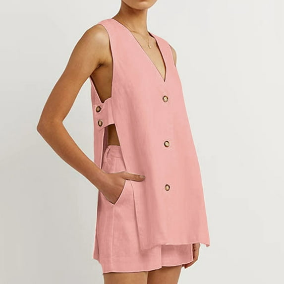 Riforla Women's Oversized Linen Set Summer Breathable Casual V Neck Button Down Vest + Elastic Waist Shorts with Pocket Sets for Women 2 Pieces Pink M
