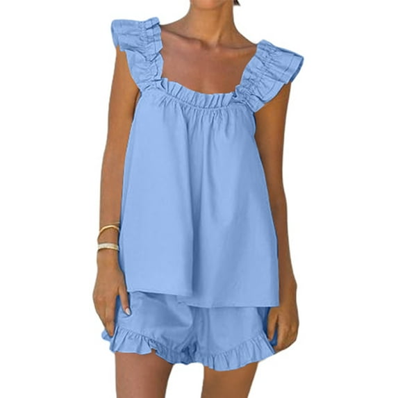 Riforla Women's Pajama Sets 2 Piece Outfits Sleeveless Sleepwear Ruffle Crop Top and Casual Shorts Loungewear Outfit Matching Sets Women Clothing Blue XL