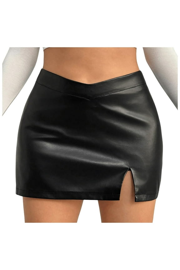 Women's Plus Size Skinny PU Leather V Waist Mini Pencil Skirts with Split Skirts for Women Black L