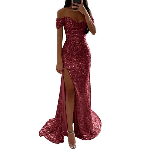 Riforla Women's Prom Dress Party Dress Sequin Dress Maxi Dress Short Sleeve Pure Color Sequins Spring Fall Winter off Shoulder Fashion Winter Dress Wedding Guest Evening Party Dress Red L