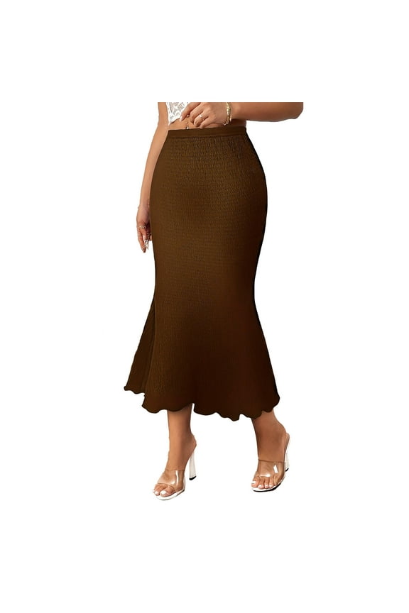 Riforla Women's Rib Knit Ruched Elastic Waist Ruffle Hem Fishtail Midi Skirt Women's Skirts Brown L