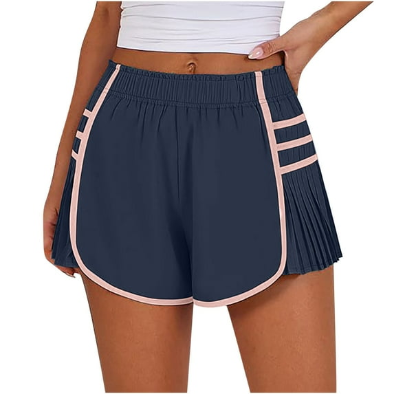Riforla Women's Running Shorts High Waisted Pleated Contrast Color Short Shorts for Women Navy XXL
