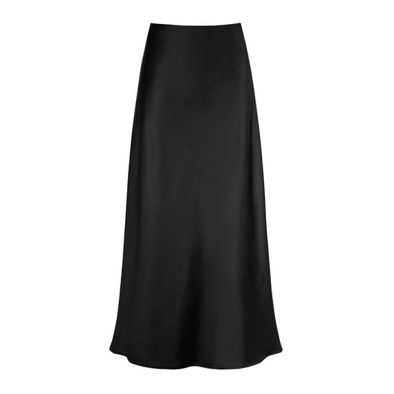 Riforla Satin Midi Skirt Womens High Waist Solid Color Casual Skirt with Zipper Women's Skirts Black S