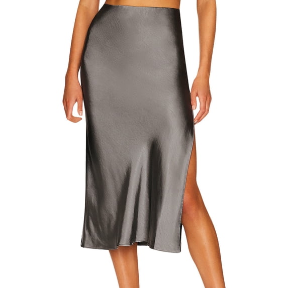 Ediodpoh Satin Midi Skirt Womens Elastic High Waist Solid Color Slit Casual Skirt Womens Skirt Grey_001 XL