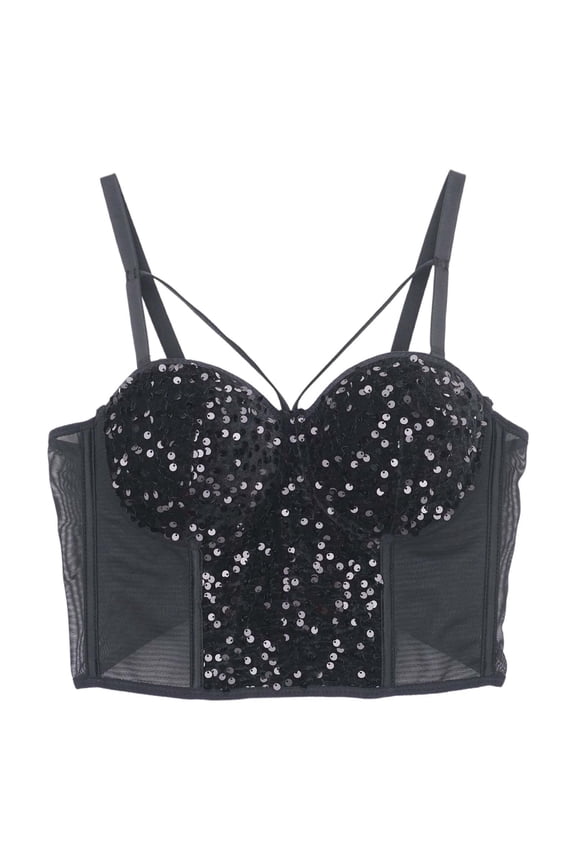 Riforla Women's Sequin Beaded Corset Short Club Party Removable Shoulder Slim Tank Top Everyday Wear Bras Black 42