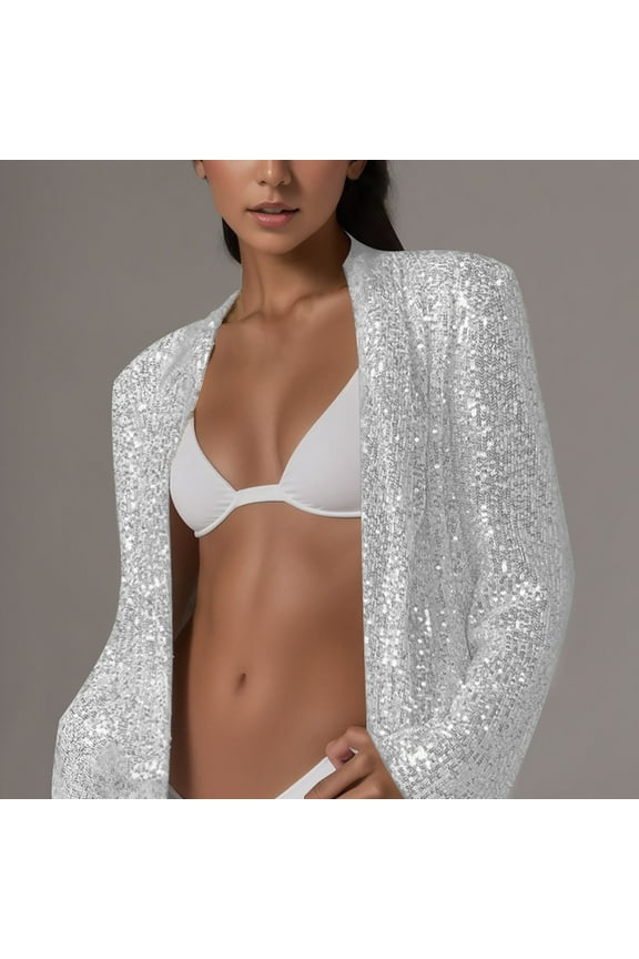 Ediodpoh Women's Sequin Long Sleeve Style Medium Long Small Suit Lapel Solid Color Coat Blazers for Women Silver XXL