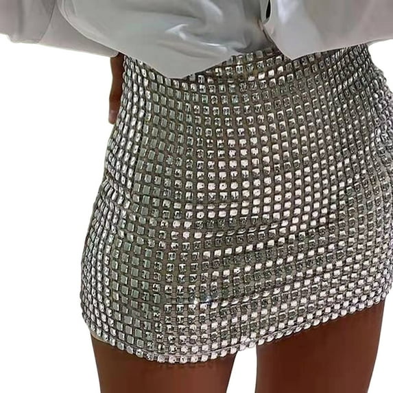 Riforla Women's Sequin Skirt Stretchy Bodycon Mini Skirts Night Out Party Womens Skirts White L