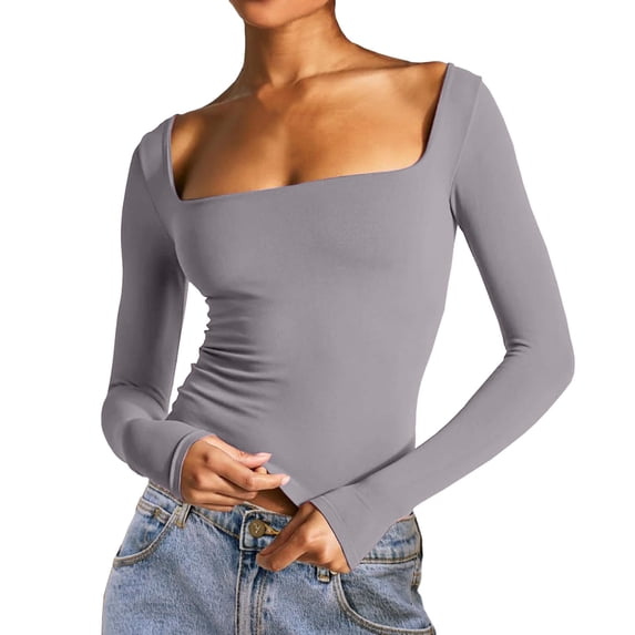Riforla Women's Sexy Long Sleeve Crop Top Square Neck Double Lined Basic Slim Fit T Shirt T Shirts Men Work T Shirts Grey XL