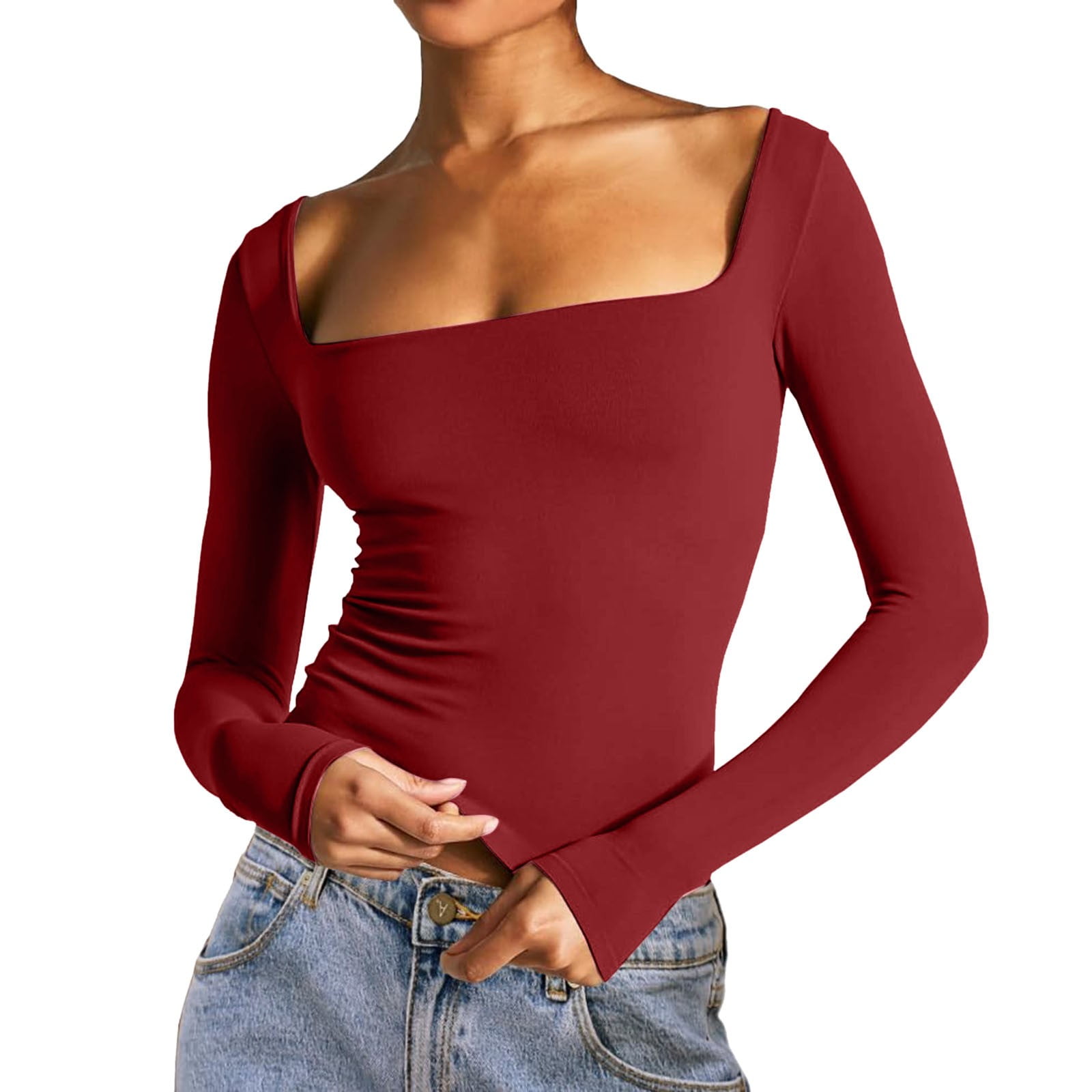 Riforla Women's Sexy Long Sleeve Crop Top Square Neck Double Lined