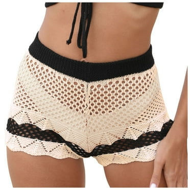 Riforla Women's Shorts Summer Contrasting Color Patchwork Beach Pants Sexy Hollow Woven Hot Pants Shorts for Women Beige S