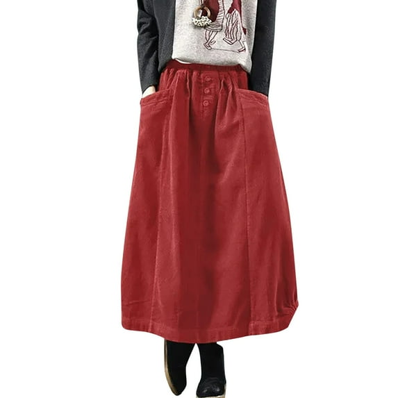 Riforla Women's Skirt Autumn Winter Cord Skirt Women Vintage Midi Long Skirts Female Elastic Waist A Line Pleated Skirt Skirts for Women Red L